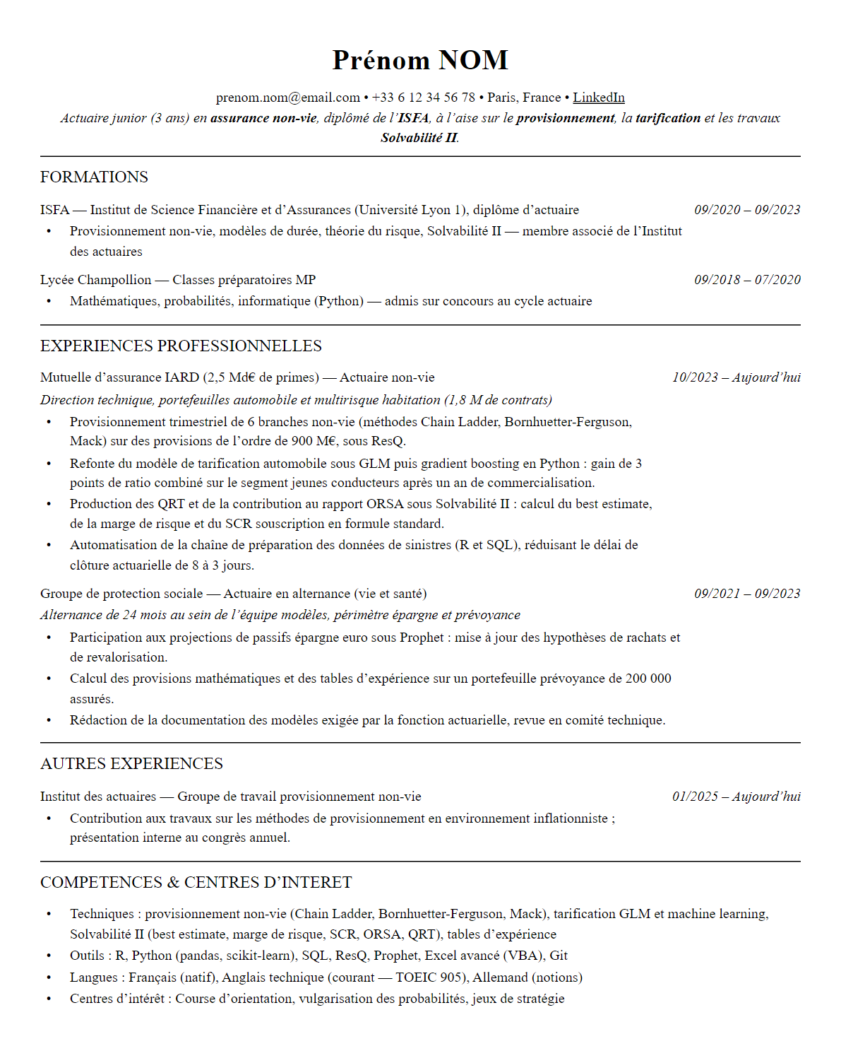 CV actuaire complet sur une page