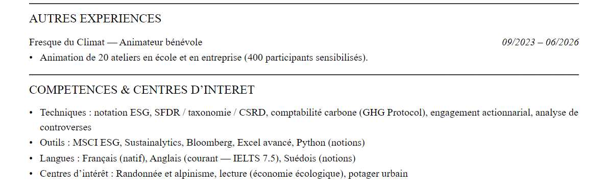 CV analyste esg : compétences et centres d’intérêt