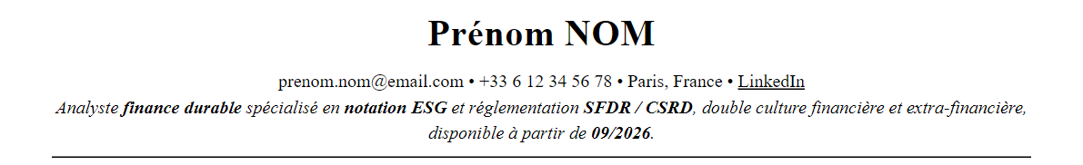 CV analyste esg : en-tête et accroche