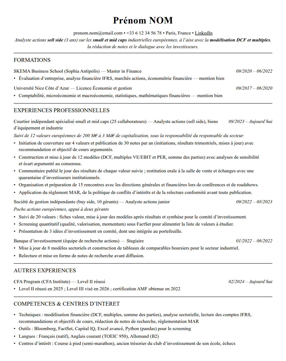 CV analyste financier complet sur une page