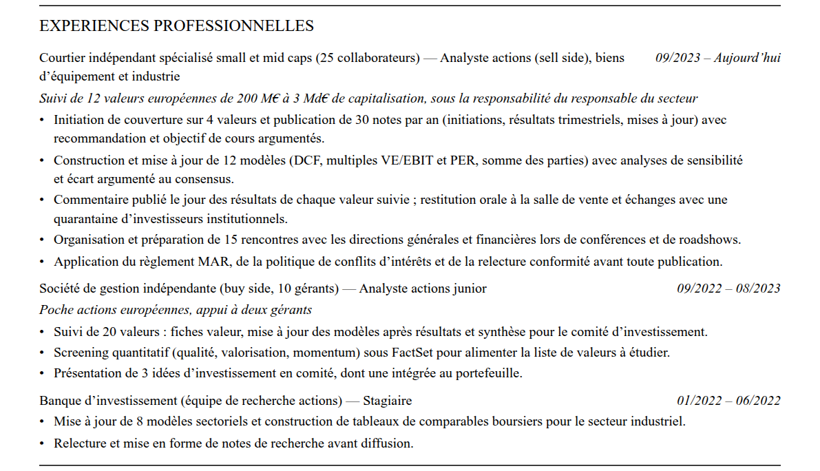 CV analyste financier : expériences