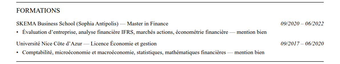 CV analyste financier : formation