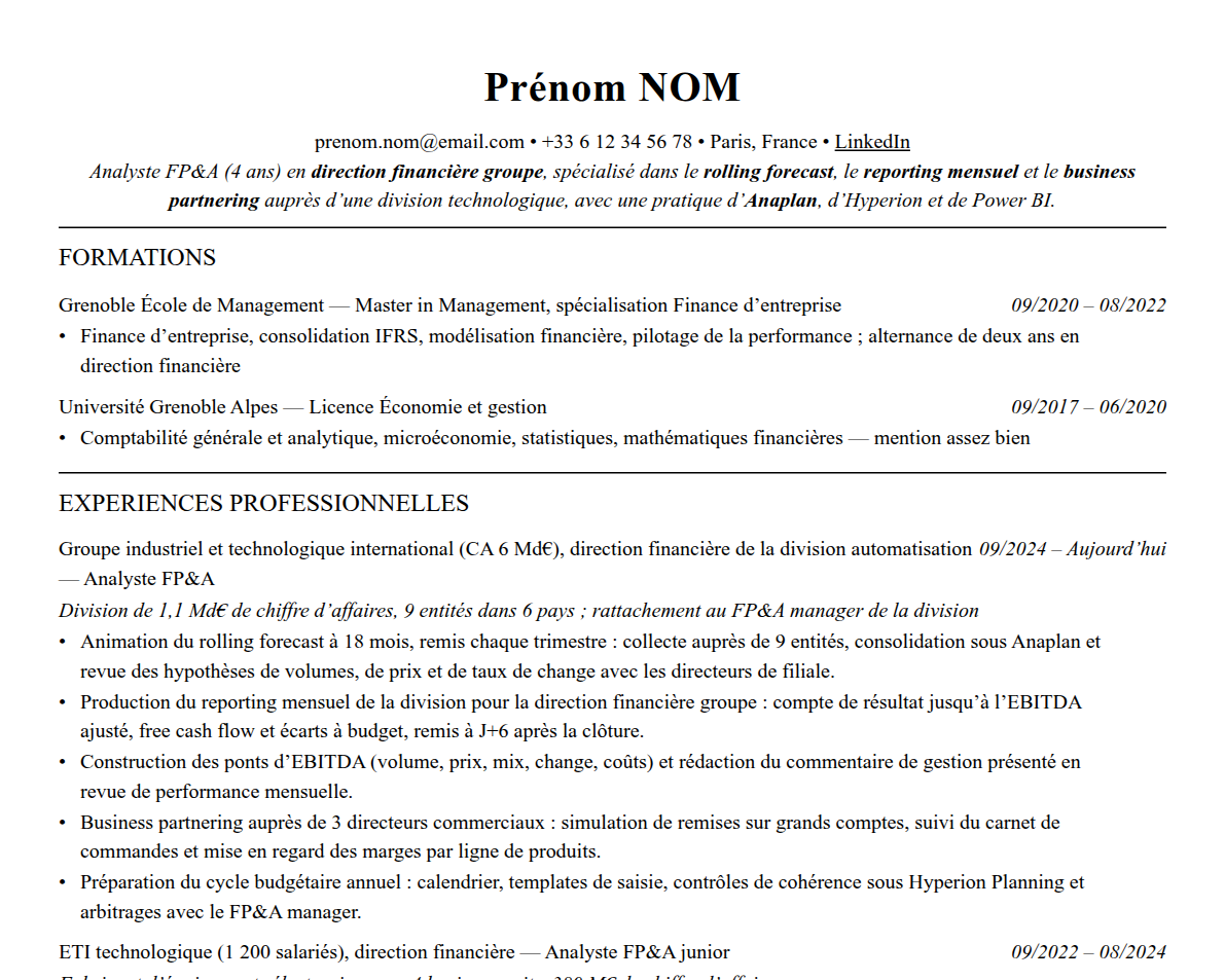 Aperçu : Exemple de CV Analyste FP&A