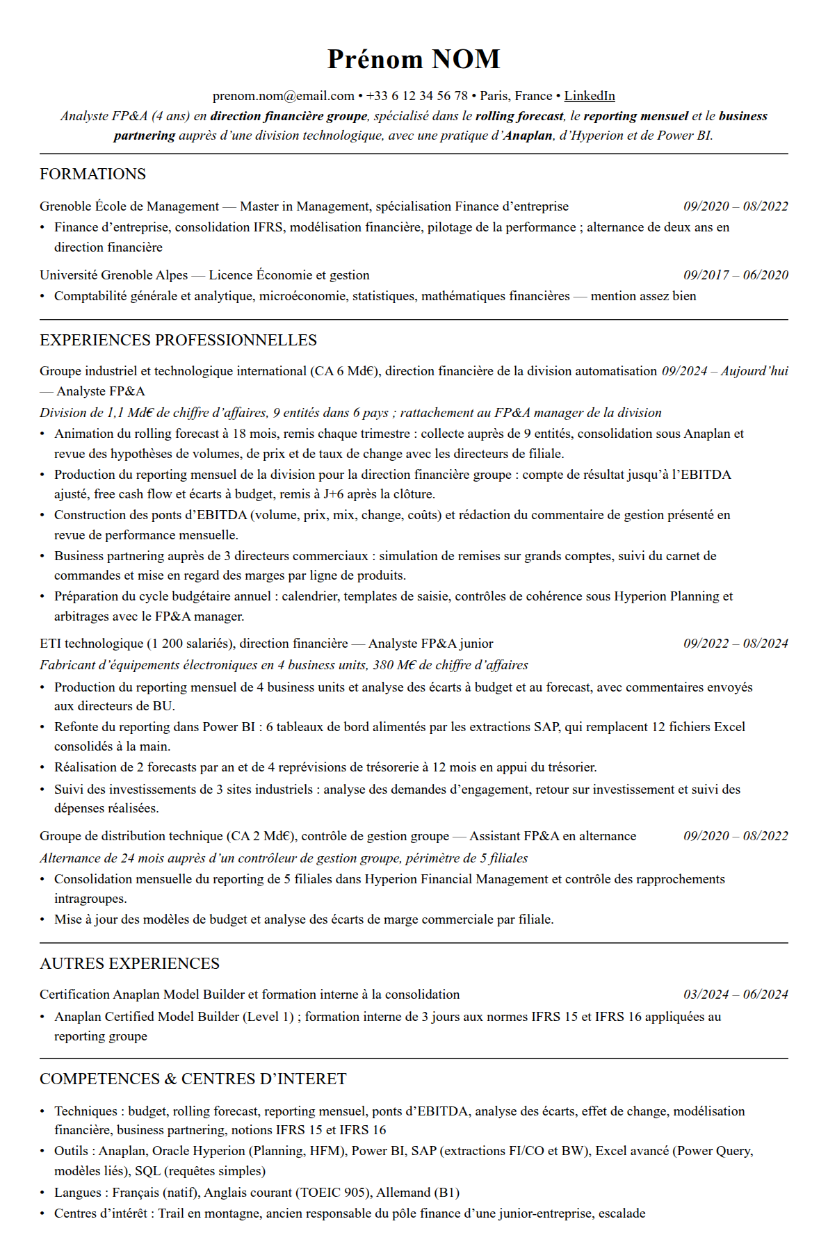 CV analyste fp&a complet sur une page