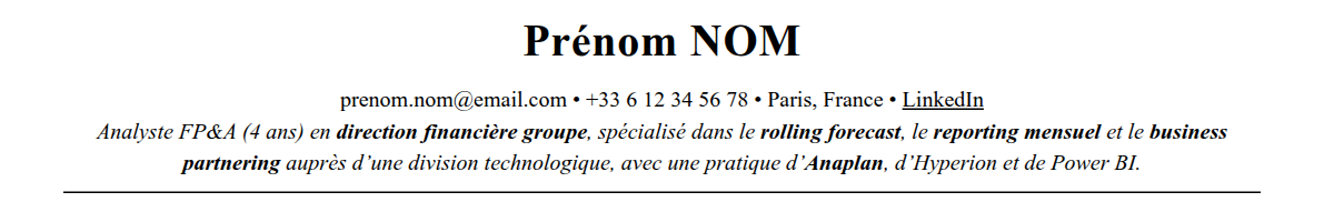 CV analyste fp&a : en-tête et accroche