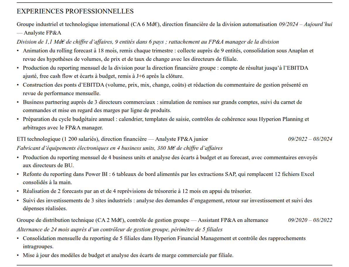 CV analyste fp&a : expériences