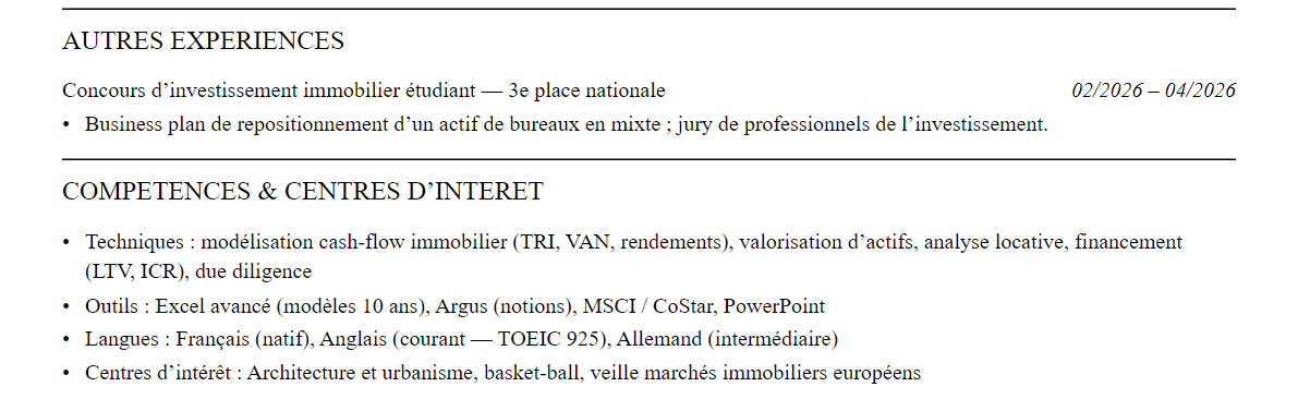 CV analyste immobilier : compétences et centres d’intérêt