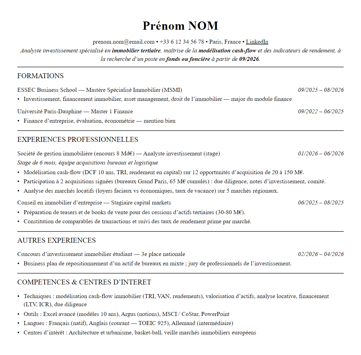 CV analyste immobilier complet sur une page
