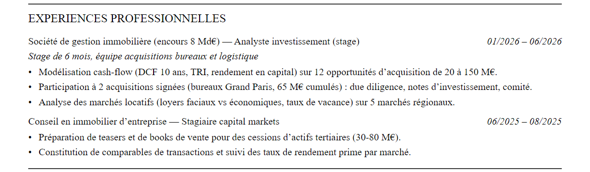 CV analyste immobilier : expériences