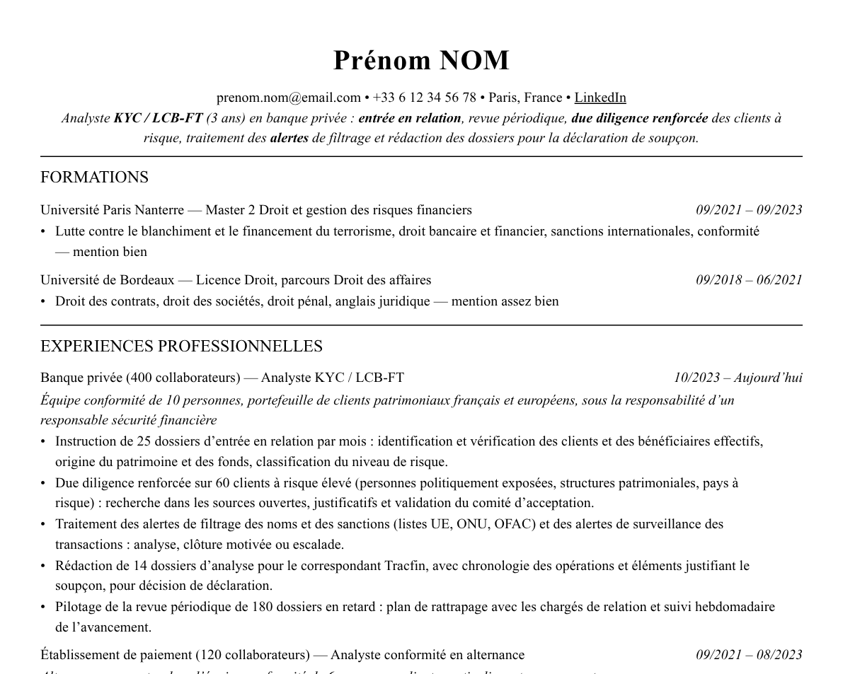 Aperçu : Exemple de CV Analyste KYC / LCB-FT