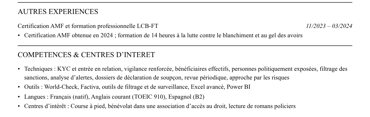 CV analyste kyc / lcb-ft : compétences et centres d’intérêt