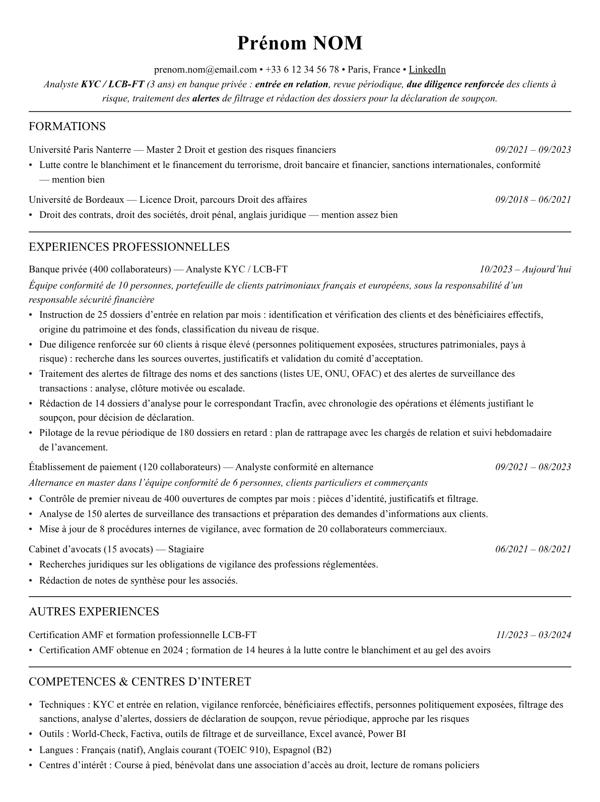 CV analyste kyc / lcb-ft complet sur une page