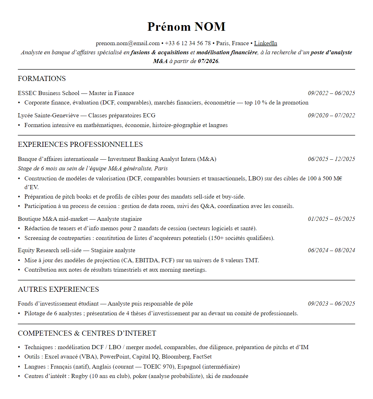 CV analyste m&a complet sur une page