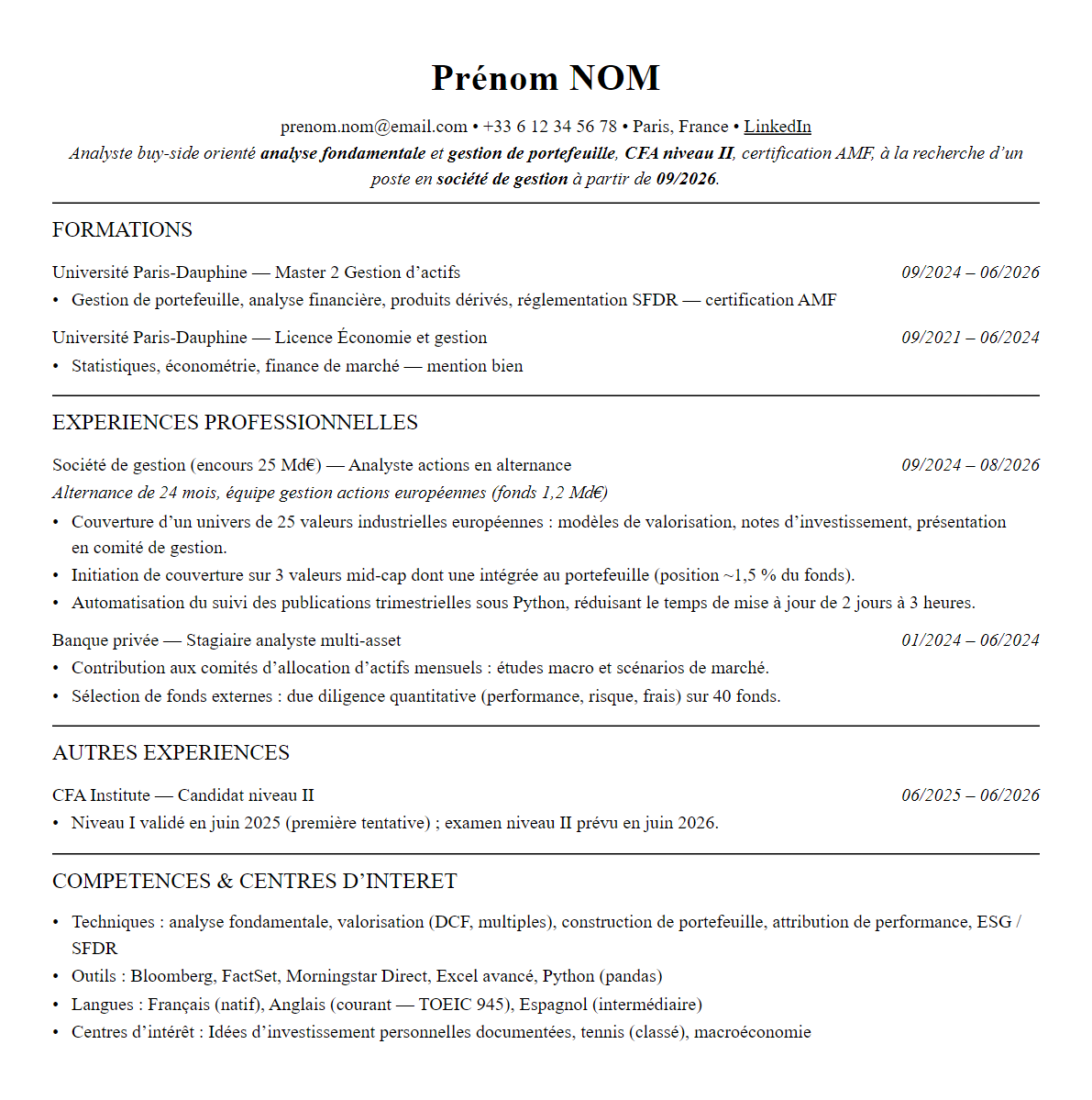 CV asset management complet sur une page