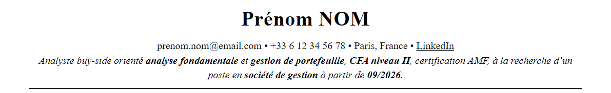 CV asset management : en-tête et accroche