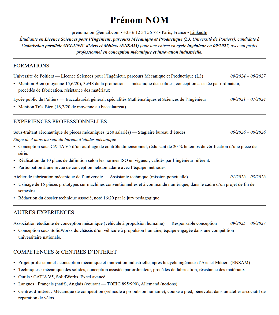 CV admission parallèle arts et métiers (ensam) complet sur une page