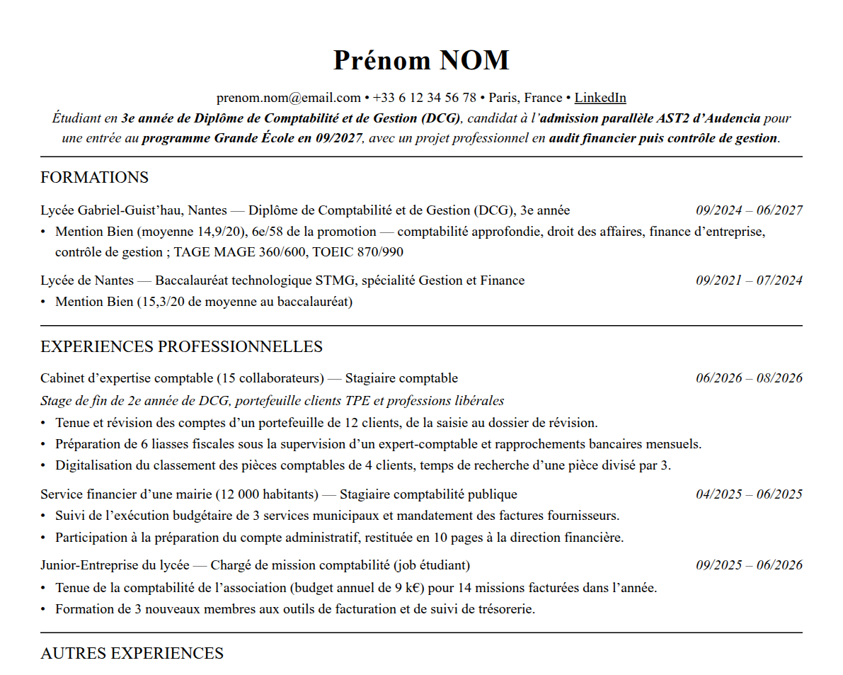Aperçu : Exemple de CV Admission parallèle Audencia
