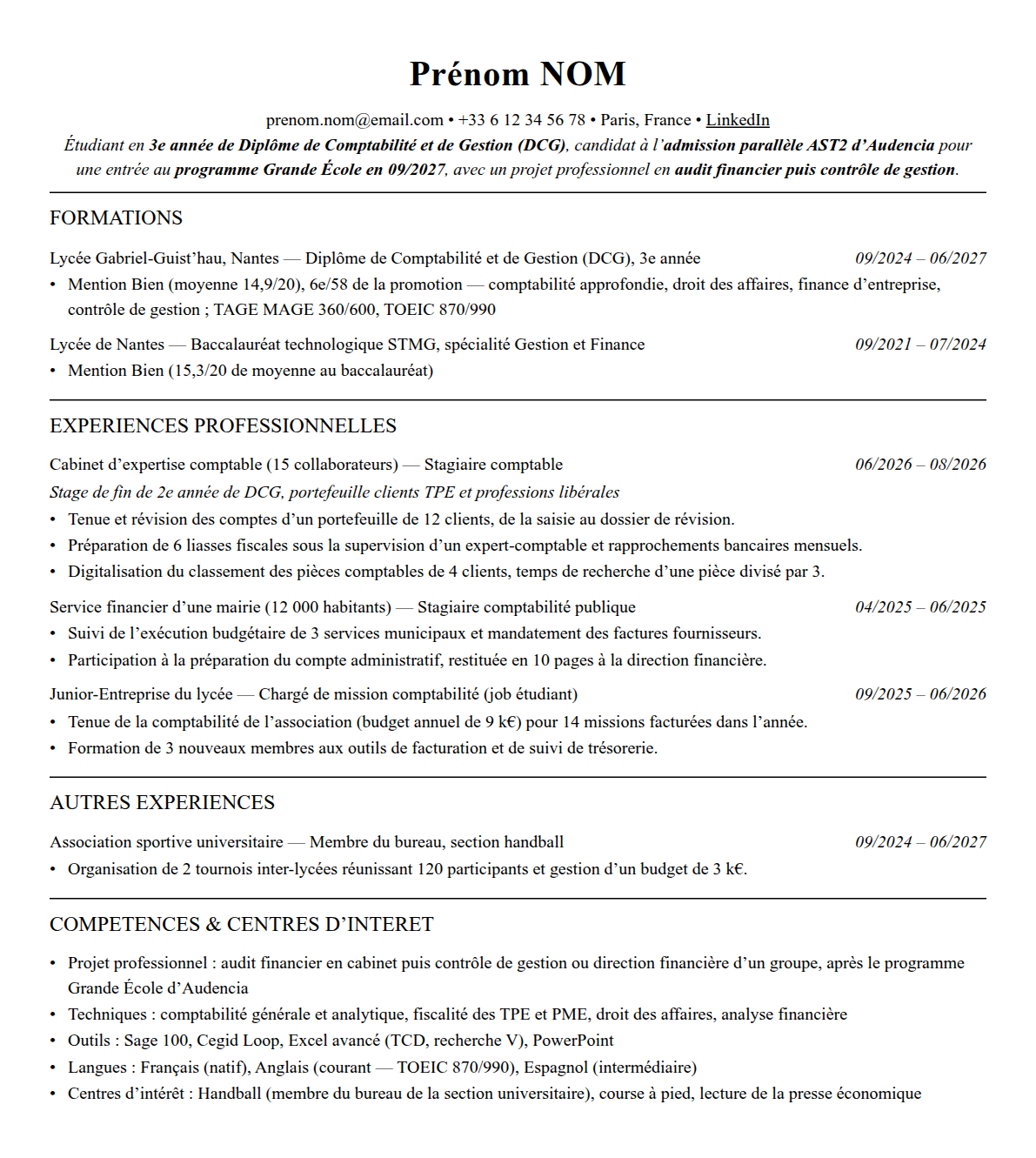 CV admission parallèle audencia complet sur une page