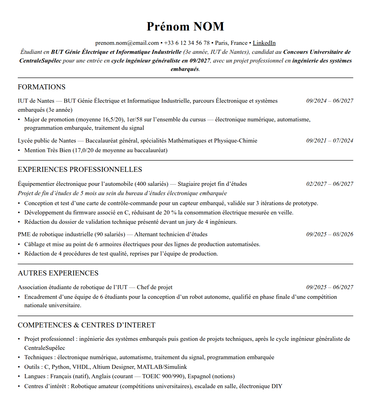 CV admission parallèle centralesupélec complet sur une page