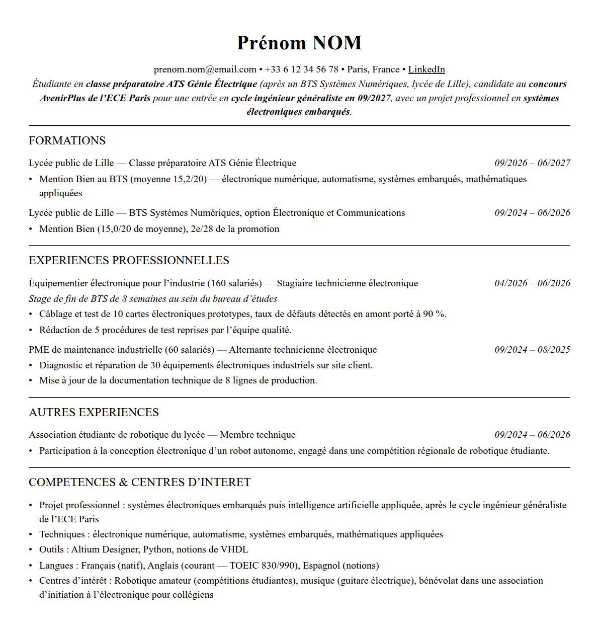 CV admission parallèle ece paris complet sur une page