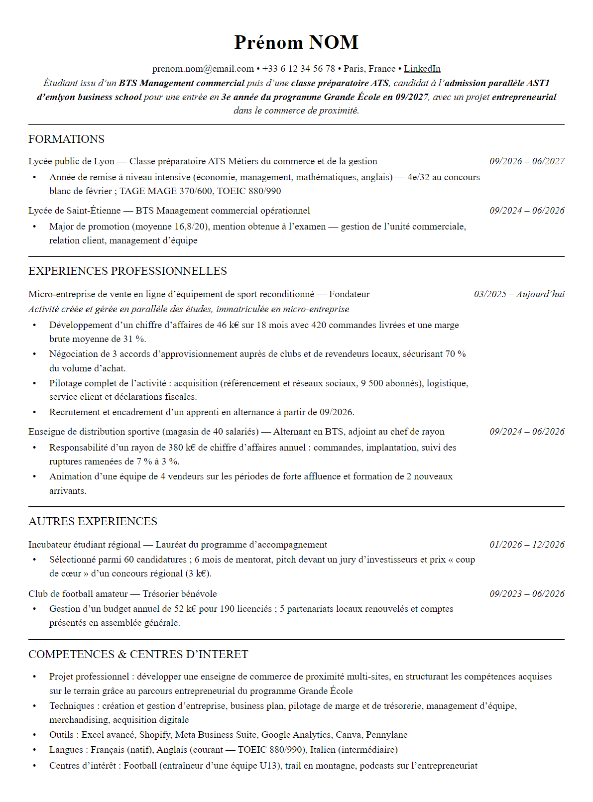 CV admission parallèle emlyon complet sur une page