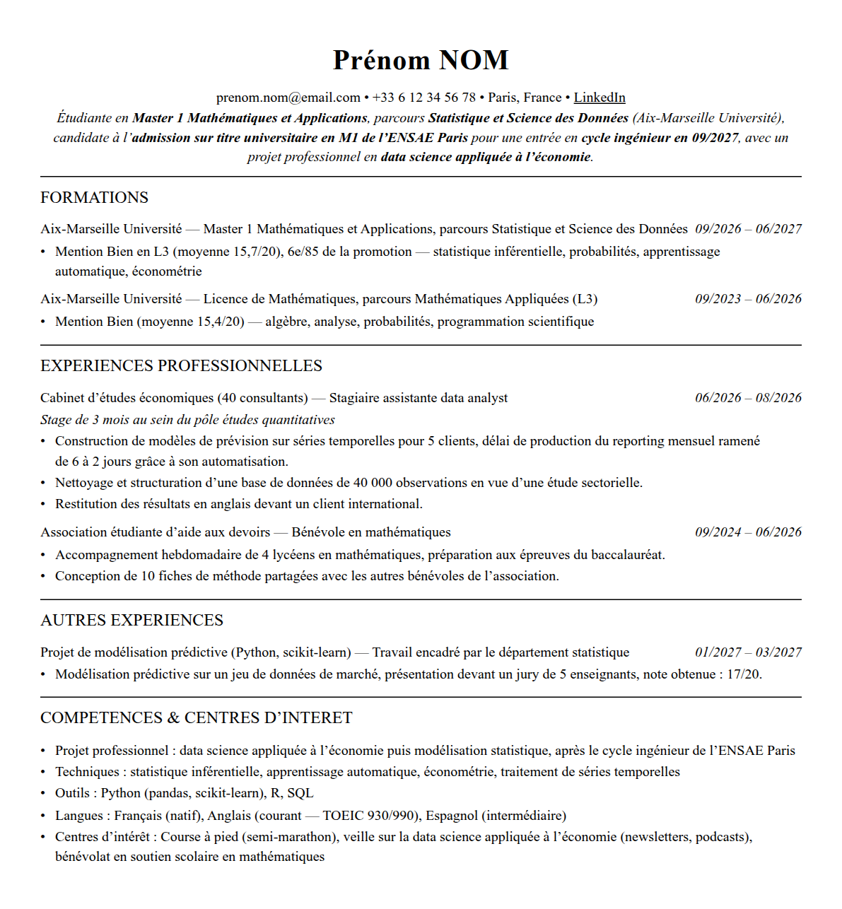 CV admission parallèle ensae paris complet sur une page