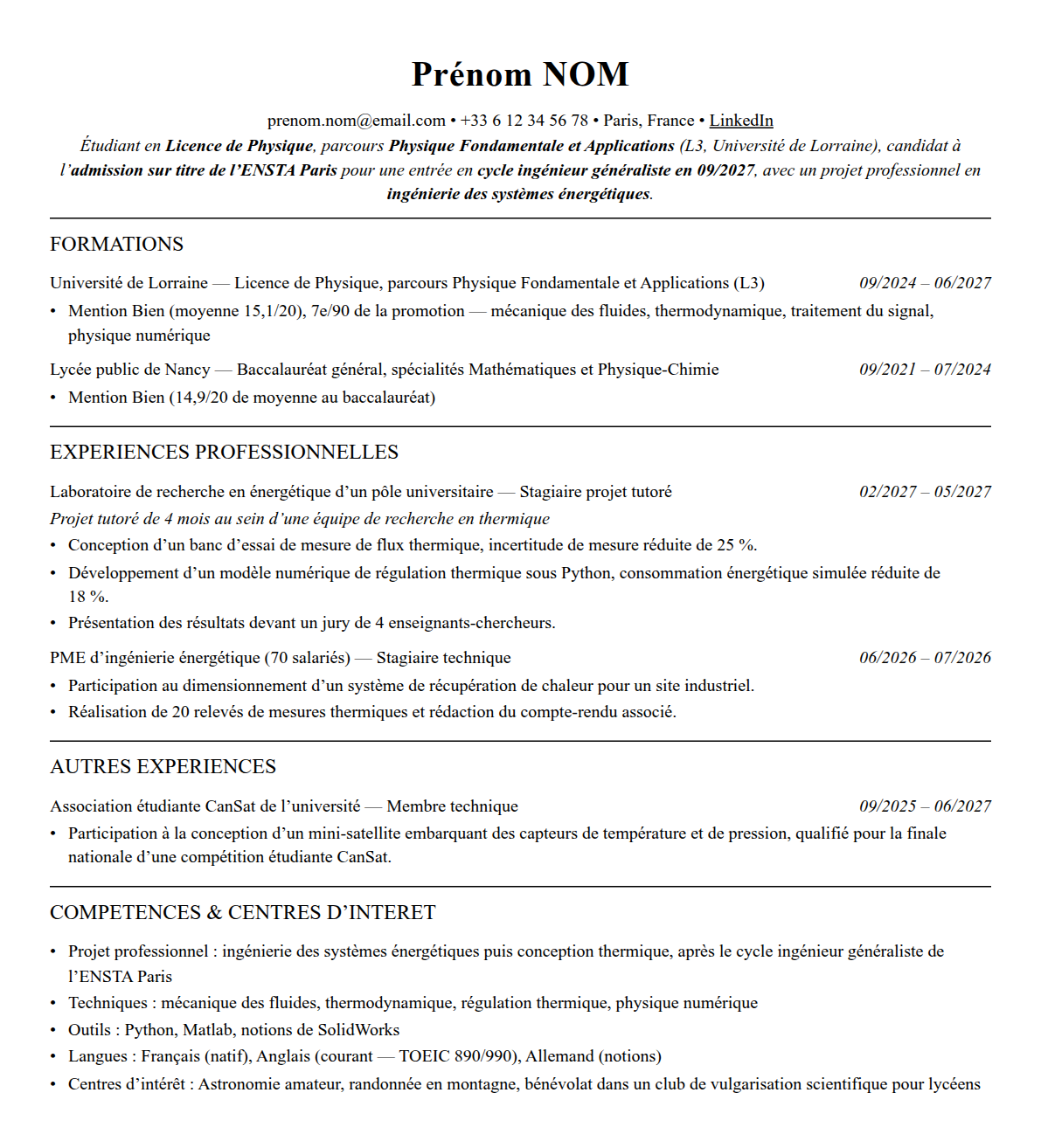 CV admission parallèle ensta paris complet sur une page