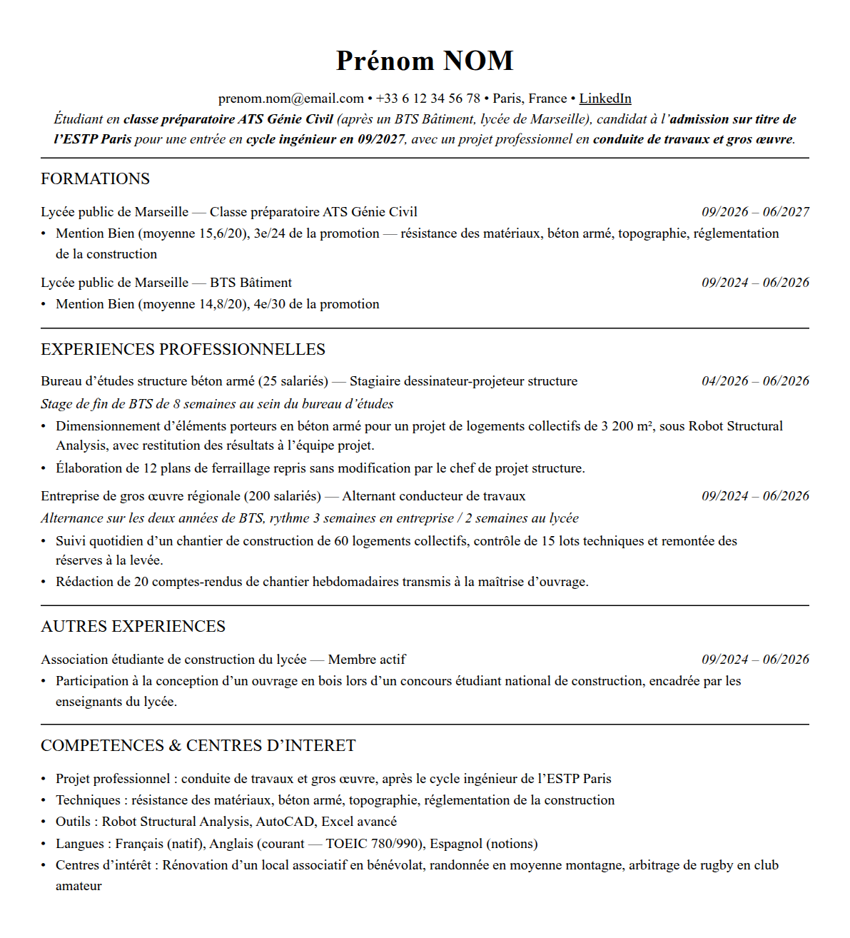 CV admission parallèle estp paris complet sur une page