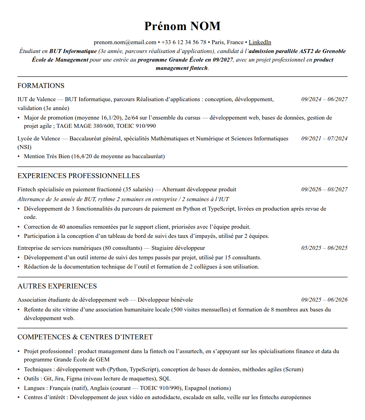 CV admission parallèle grenoble em complet sur une page