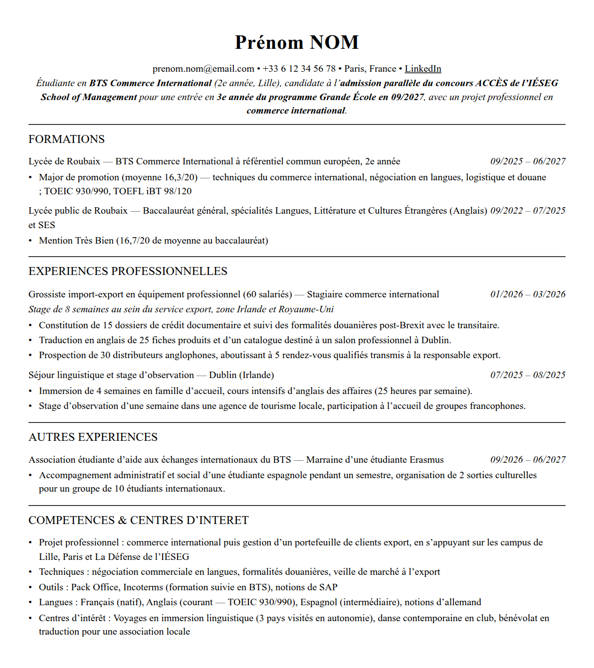 CV admission parallèle iéseg school of management complet sur une page