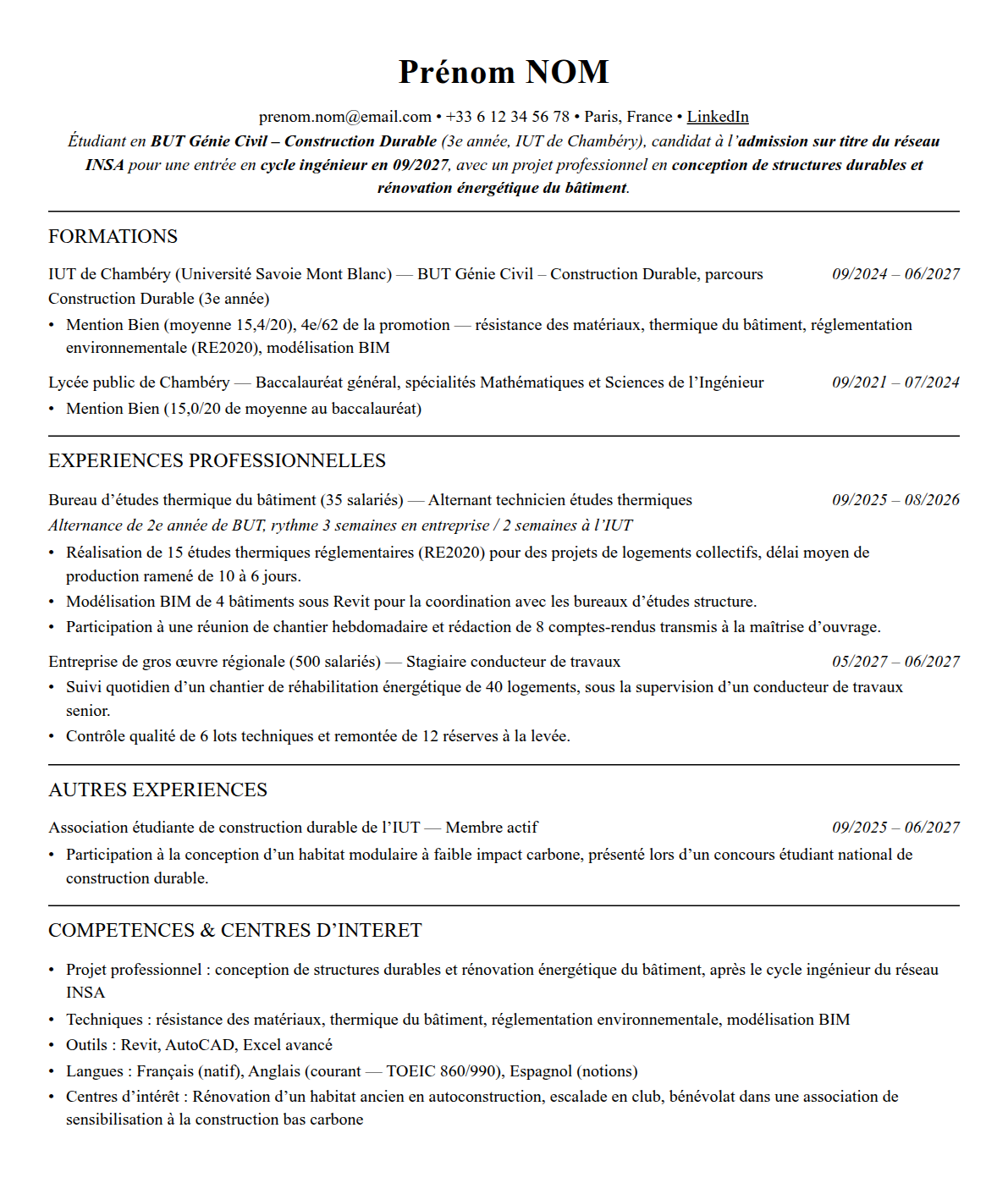 CV admission parallèle insa lyon complet sur une page