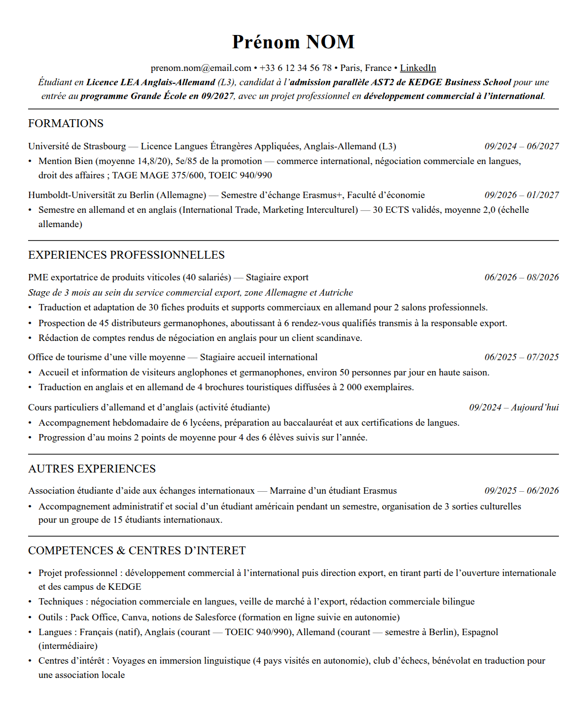 CV admission parallèle kedge complet sur une page