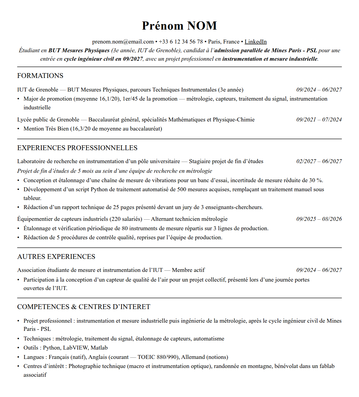 CV admission parallèle mines paris - psl complet sur une page
