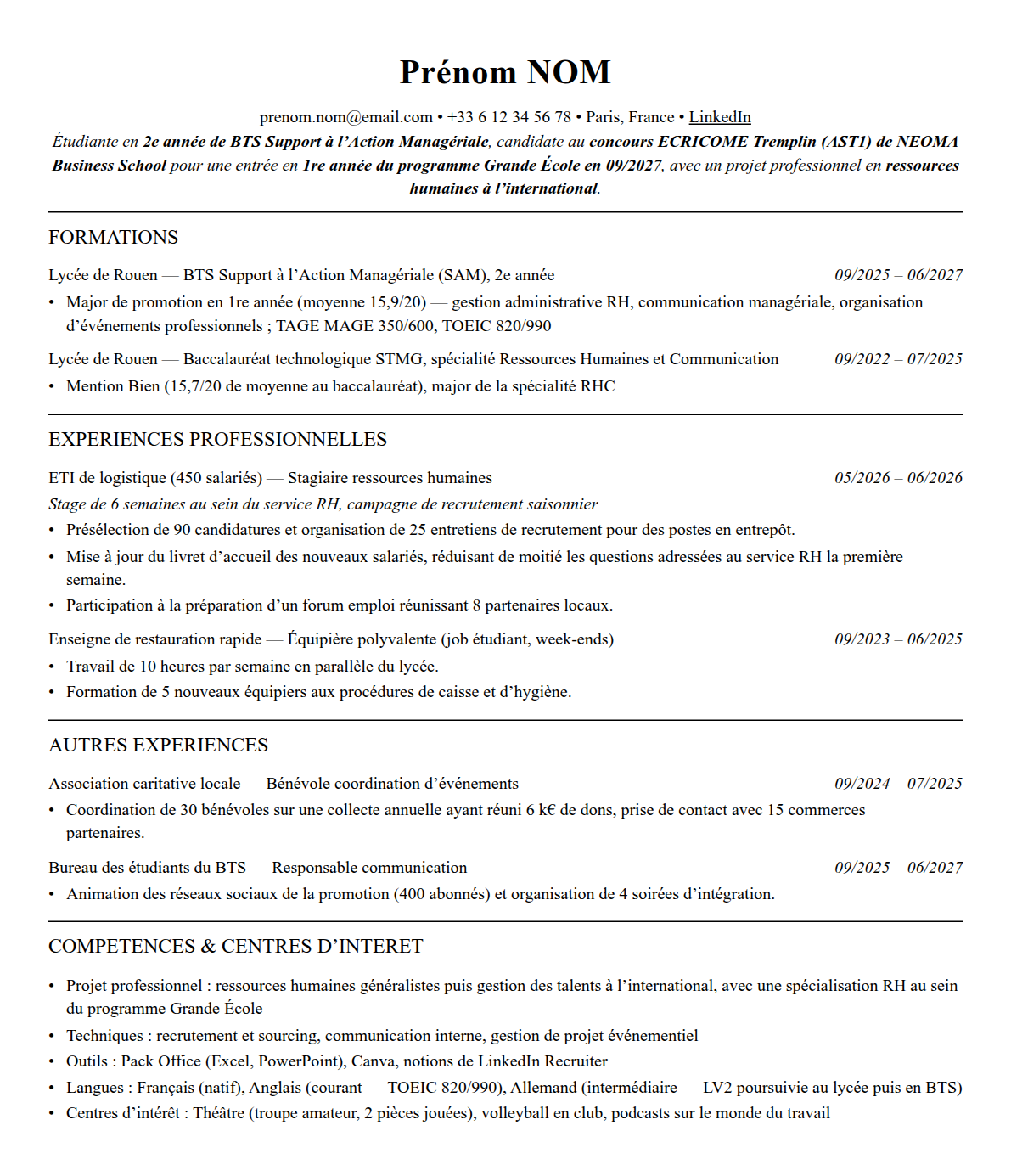 CV admission parallèle neoma complet sur une page