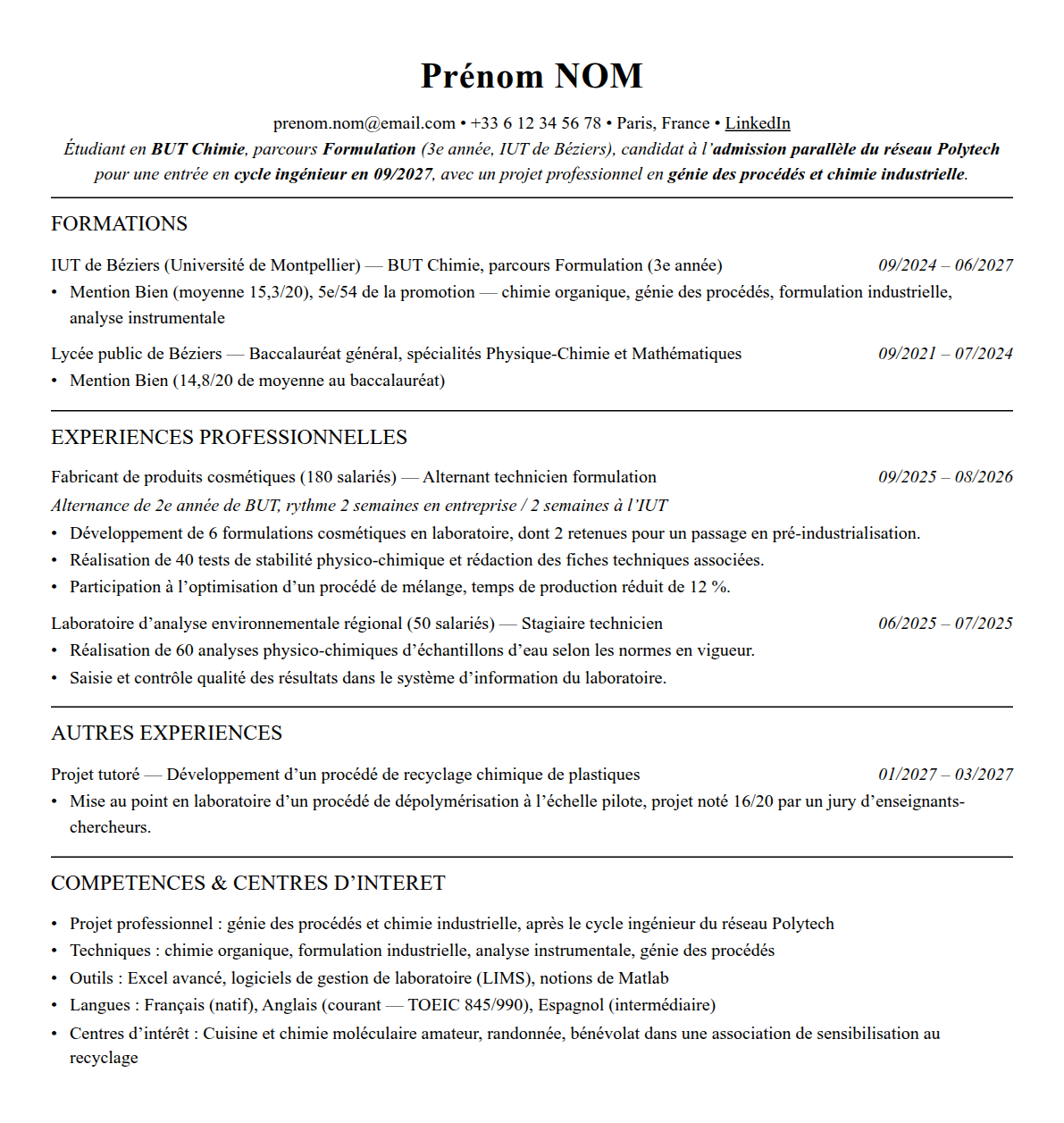 CV admission parallèle réseau polytech complet sur une page