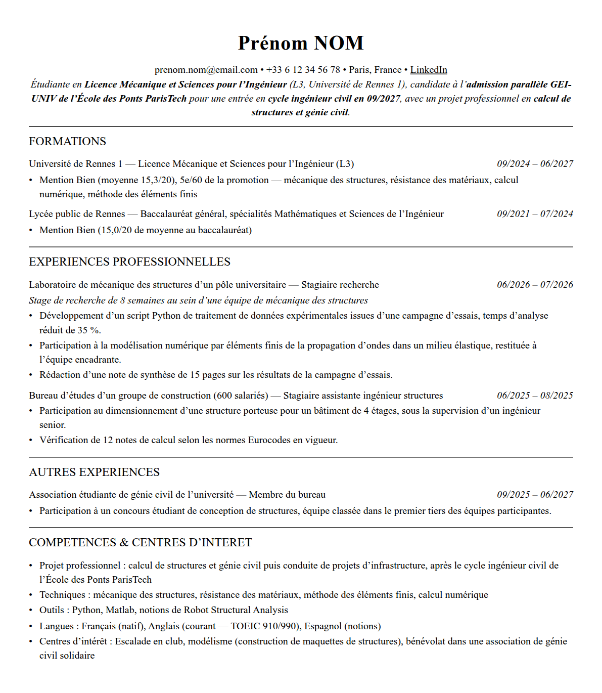CV admission parallèle école des ponts paristech complet sur une page