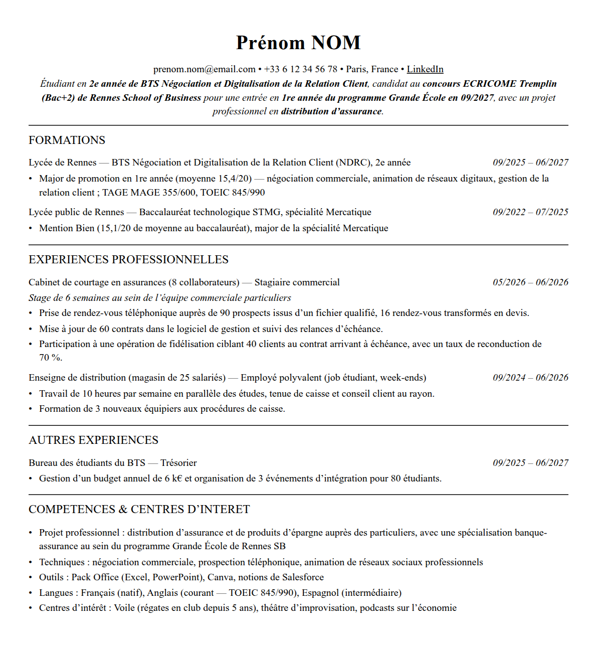 CV admission parallèle rennes school of business complet sur une page