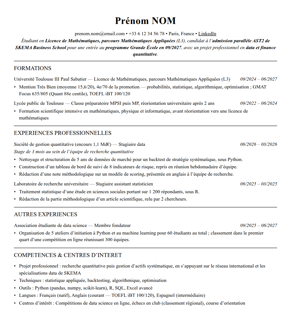 CV admission parallèle skema complet sur une page