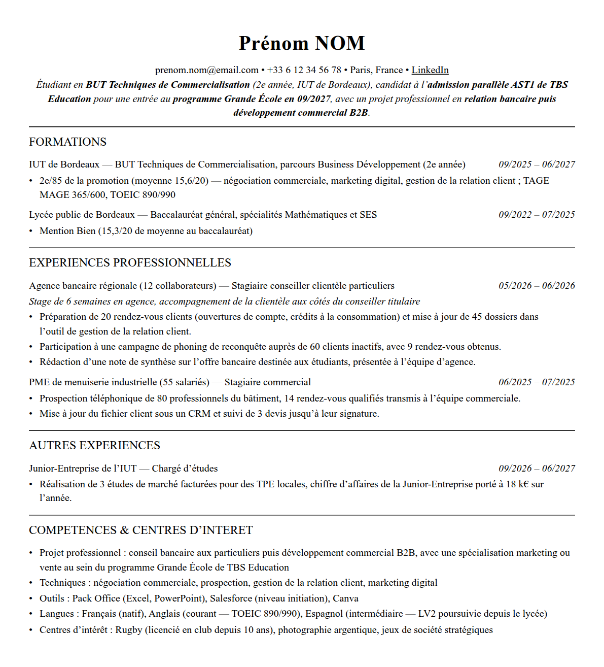 CV admission parallèle tbs education complet sur une page