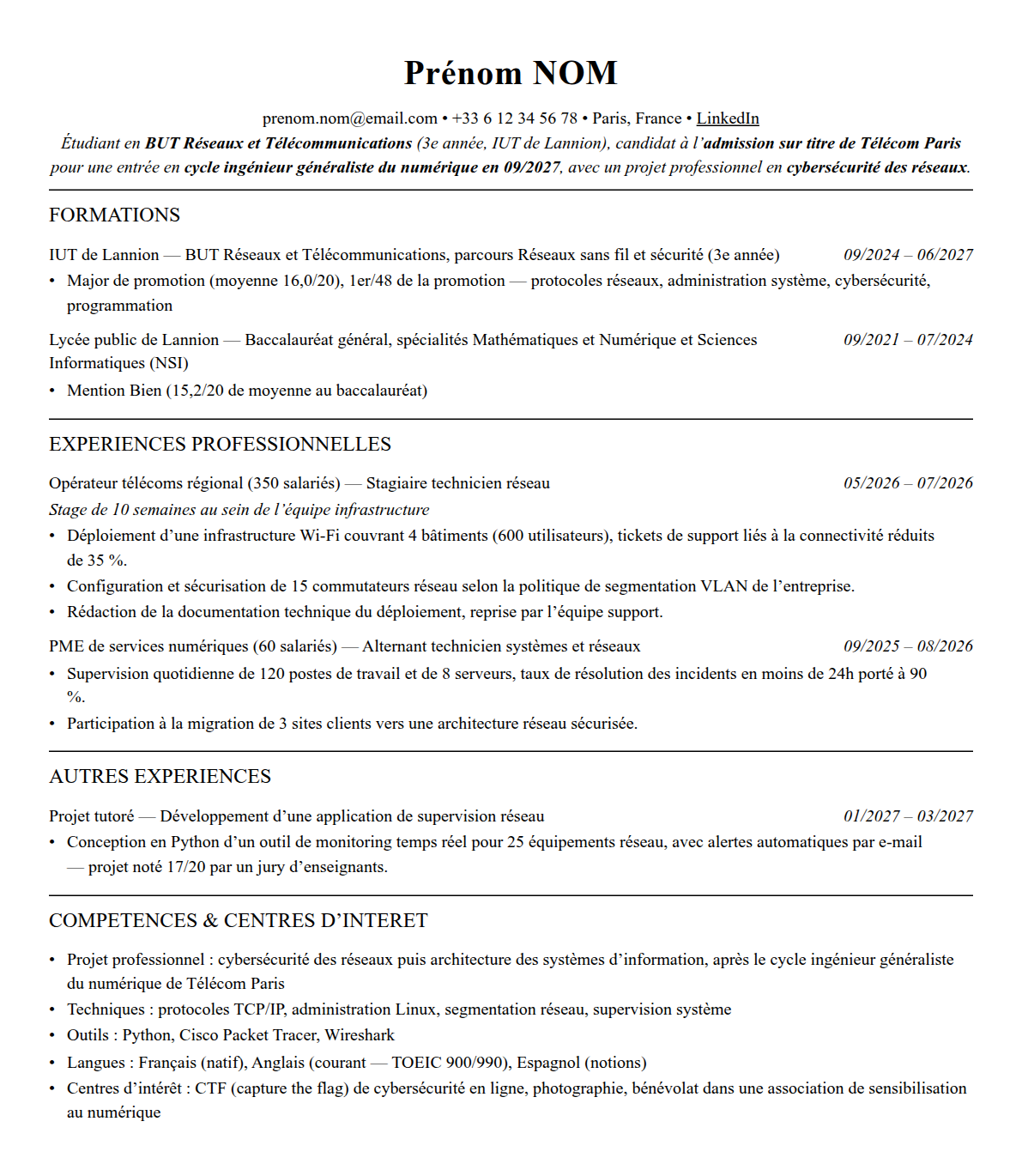 CV admission parallèle télécom paris complet sur une page