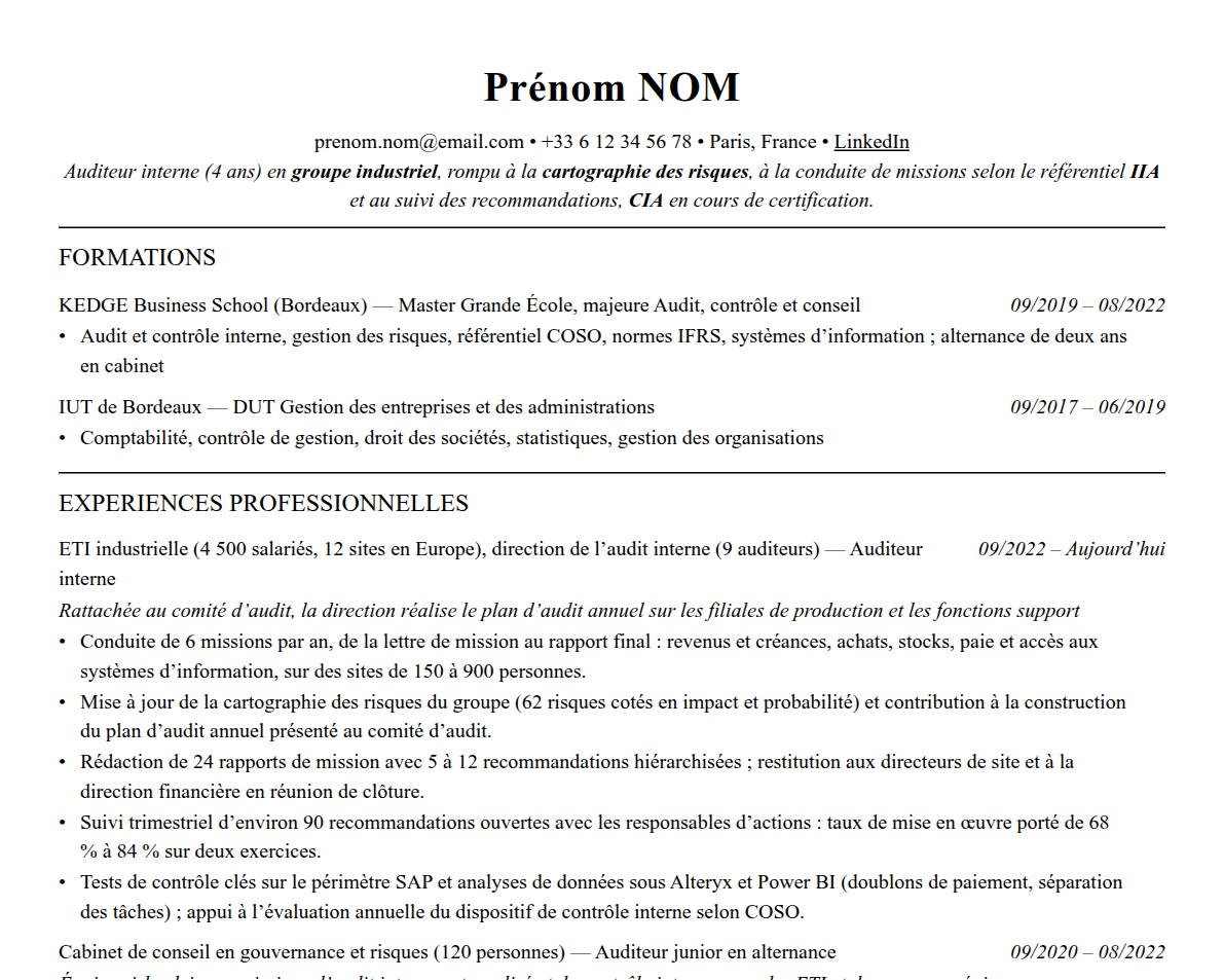 Aperçu : Exemple de CV Auditeur interne