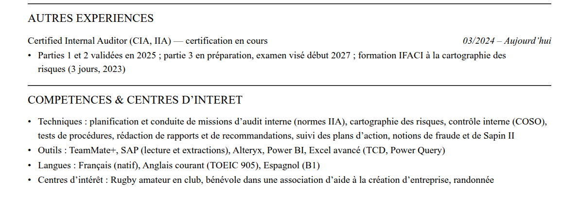 CV auditeur interne : compétences et centres d’intérêt