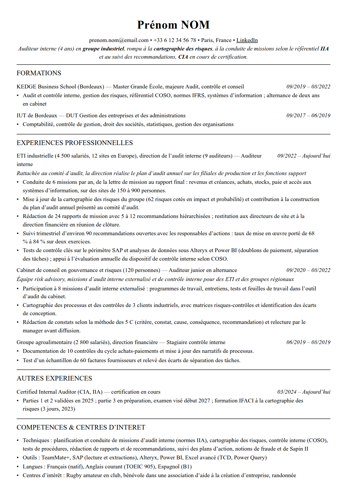 CV auditeur interne complet sur une page