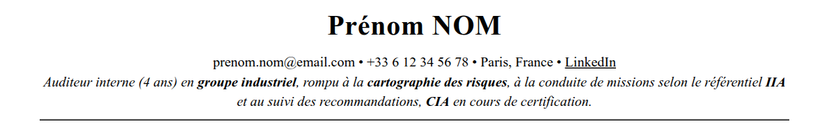 CV auditeur interne : en-tête et accroche