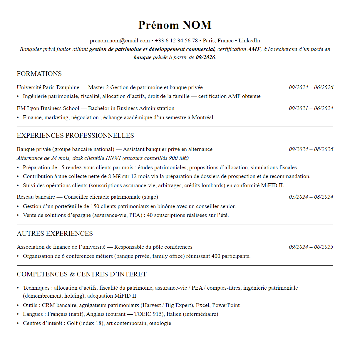 CV banque privée complet sur une page