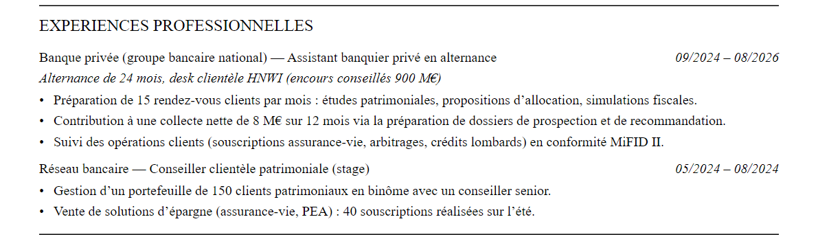 CV banque privée : expériences