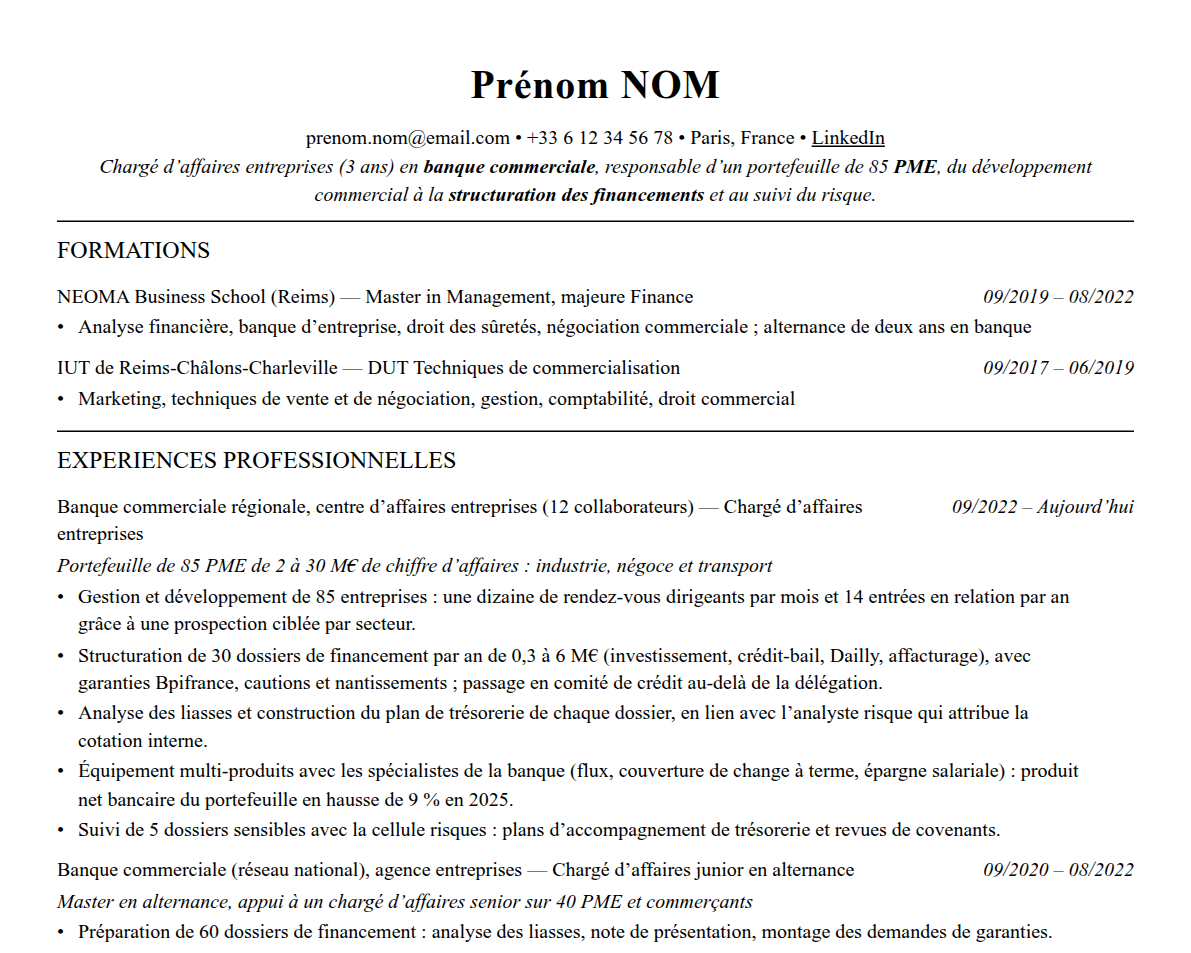 Aperçu : Exemple de CV Chargé d’affaires entreprises