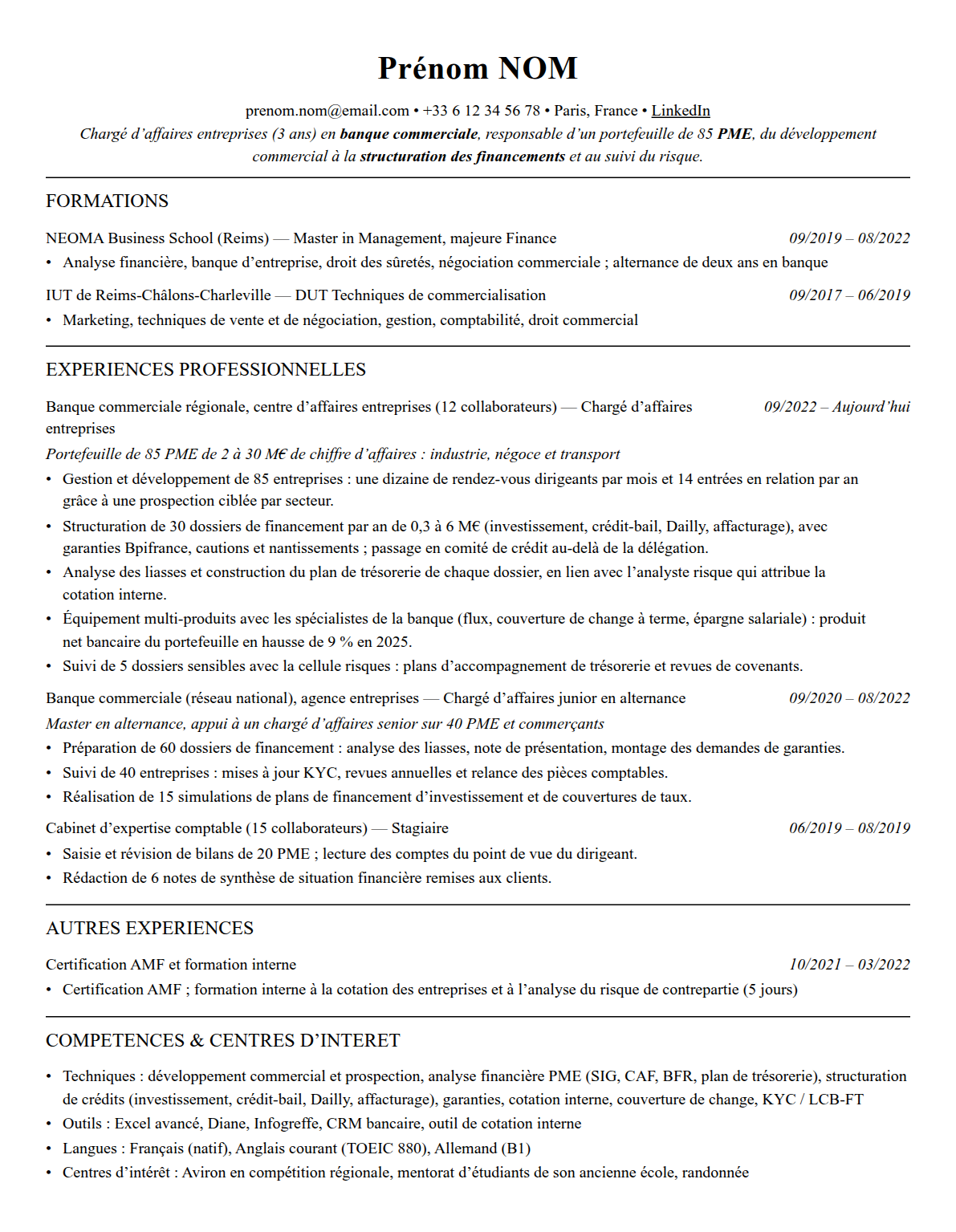 CV chargé d’affaires entreprises complet sur une page