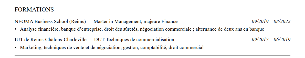 CV chargé d’affaires entreprises : formation