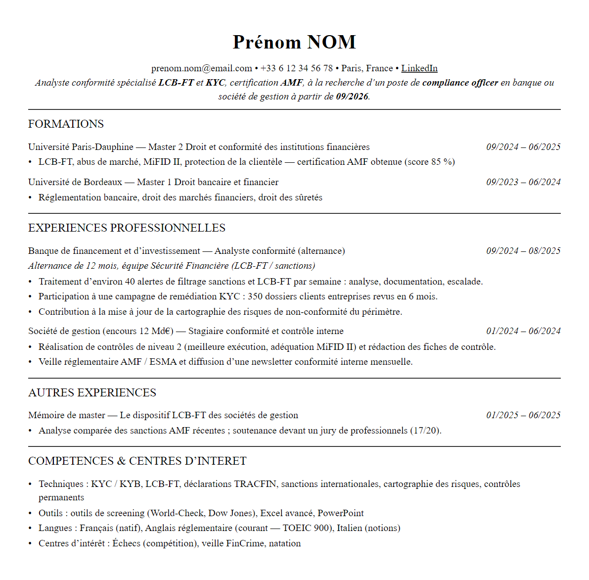 CV compliance officer complet sur une page